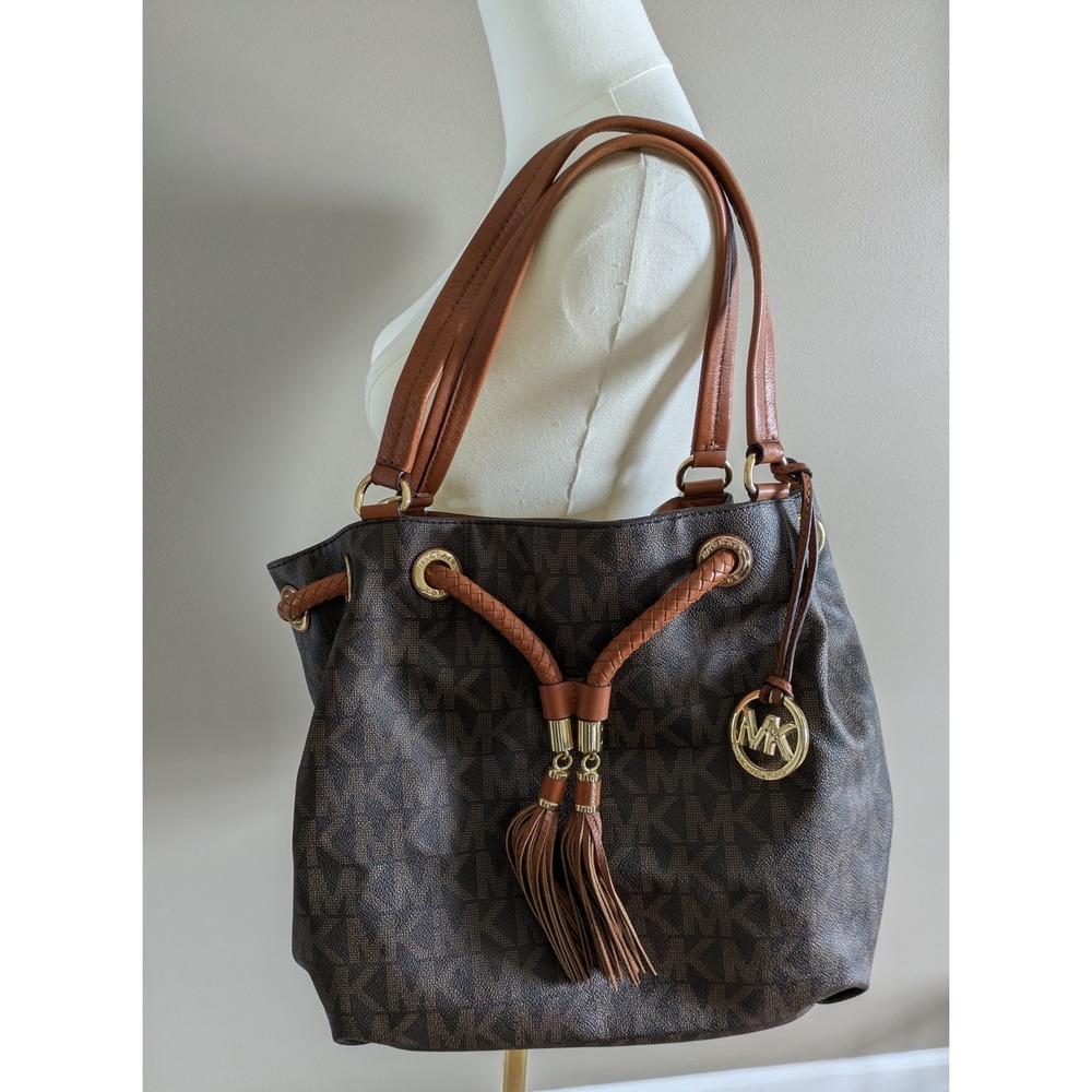 Michael Kors Jet Set Large Gathered Tote Shoulder Bag MK Monogram Brown Canvas
